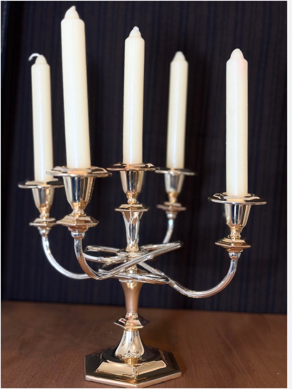 Vintage English Silver Plate 5 Arm Candelabra Candle Holder Two Tone.